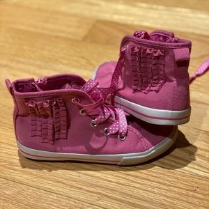OshKosh B’Gosh Pink Ruffle Hightops Sneakers Polka Dot Laces Size 11T